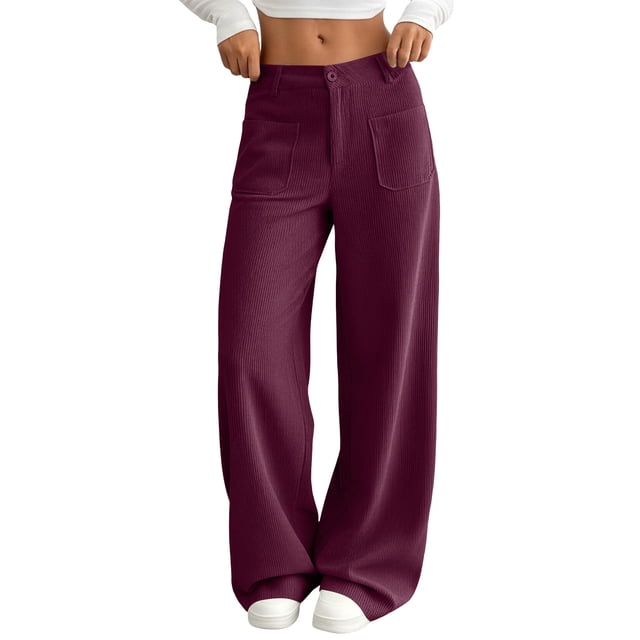 Bloomae Corduroy Wide Leg Cargo Pants for Women Trendy Basic Solid Color Casual Button Stretch High Waisted Elastic Trousers Dress Pants with Pockets Wine XL