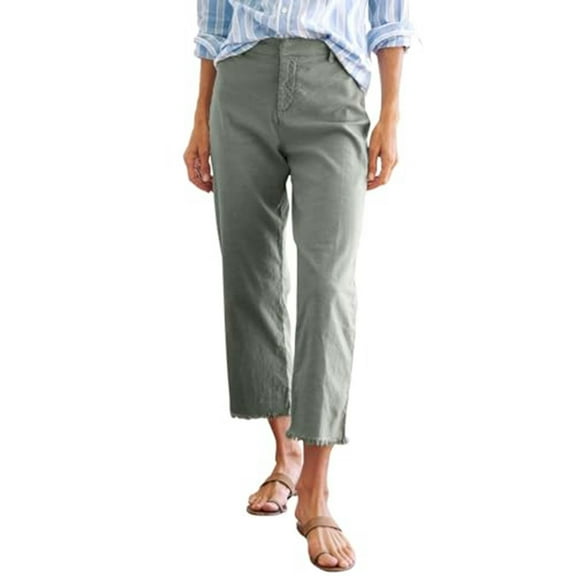 Bloomae Cotton Linen Cropped Pants Women Straight Leg Capris Summer Business Casual Work Pants Ankle Length Chino Trousers Army Green L