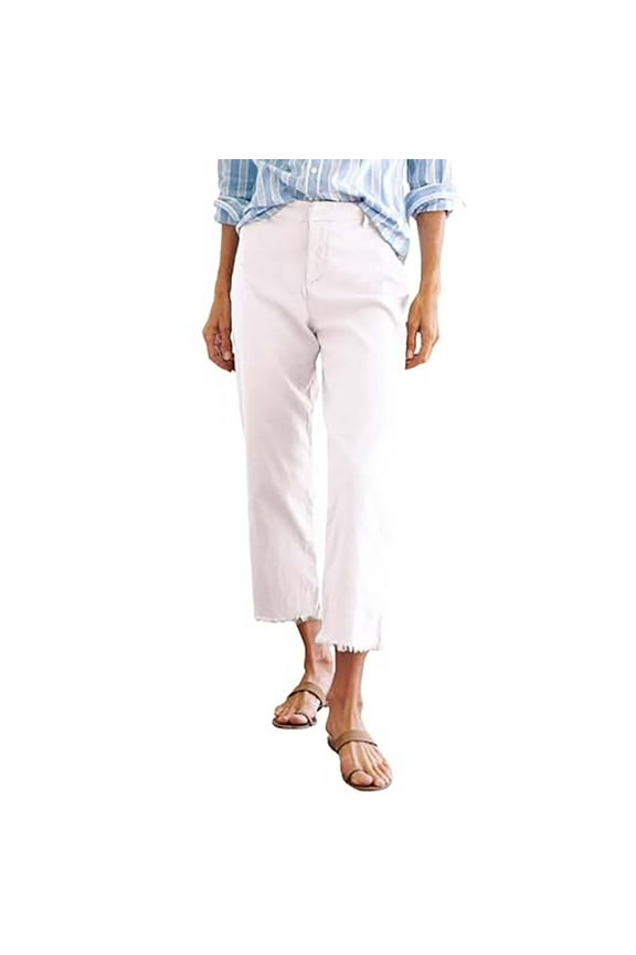 Cotton Linen Cropped Pants Women Straight Leg Capris Summer Business Casual Work Pants Ankle Length Chino Trousers White XL