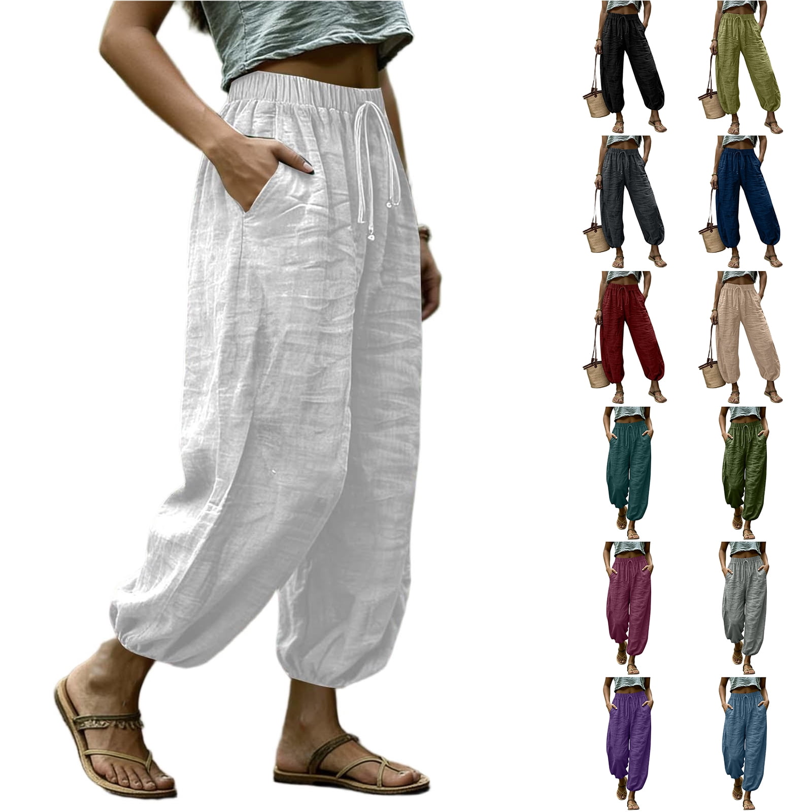 Bloomae Cotton Linen Harem Pants Women with Pockets Lightweight ...