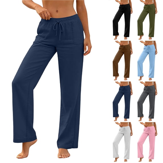 Bloomae Cotton Linen Pants for Women Loose Fit Casual Straight Leg Drawstring Elastic Waist Lounge Pants Lightweight Comfy Trousers with Pockets Blue M