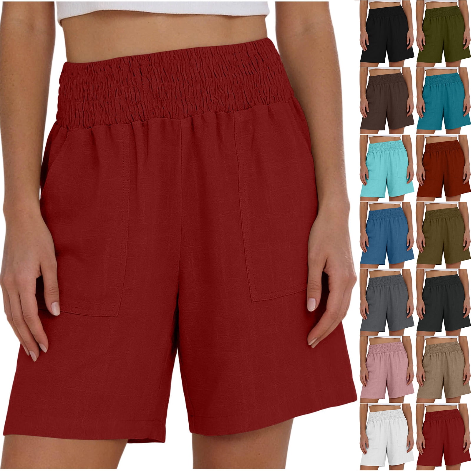 Blue Linen Shorts, High Waisted Short Pants for Summer, Loose Casual Pants with Tie Belt by Friends Fashion