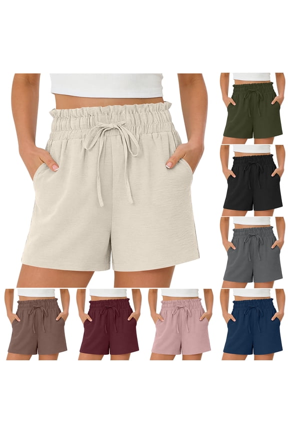Cotton Linen Shorts for Women Lightweight Summer Casual Wide Leg Loose Ruffle Trim High Waist Drawstring Dressy Shorts Beach Vacation Short Pants with Pockets Army Green XXL