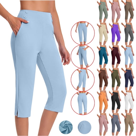 Bloomae Dressy Capri Pants for Women Plus Size Work Casual Side Slit Cropped Pants High Waist Stretch Pull on Golf Capris Pants for Summer with Pockets