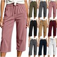 thumbnail image 1 of Bloomae Fashion Womens Corduroy Capris Loose Fit Casual Drawstring Elastic High Waist Wide Straight Leg Capri Pants Loose Comfy Cropped Lounge Trousers with Pockets, 1 of 9
