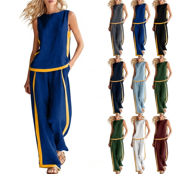 Bloomae Fashion Womens Two Piece Outfit Sets Loose Fit Casual Striped Summer Sleeveless Round Neck Tshirt Tops and Wide Leg Baggy Pants Trendy Cozy Loungewear Clothes Blue XXL