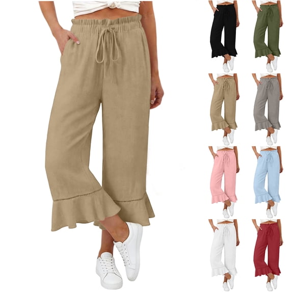 Bloomae Flared Linen Capri Pants Women Summer Lightewight Casual Wide Leg Drawstring Elastic Waist Ruffle Hem Cropped Pants with Pockets Army Green XXL