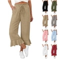 thumbnail image 1 of Bloomae Flared Linen Capri Pants Women Summer Lightewight Casual Wide Leg Drawstring Elastic Waist Ruffle Hem Cropped Pants with Pockets Light Blue M, 1 of 8