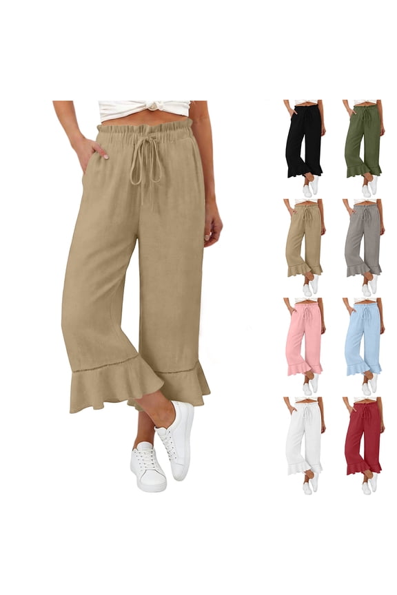 Flared Linen Capri Pants Women Summer Lightewight Casual Wide Leg Drawstring Elastic Waist Ruffle Hem Cropped Pants with Pockets Red M