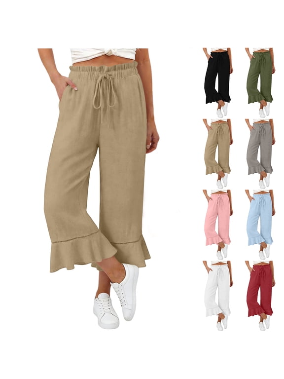 Flared Linen Capri Pants Women Summer Lightewight Casual Wide Leg Drawstring Elastic Waist Ruffle Hem Cropped Pants with Pockets Red M