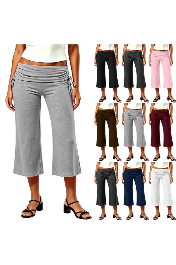 Fold Over Wide Leg Capri Pants for Women Side Drawstring Ruched Elastic Low Rise Lounge Yoga Flare Culottes Y2k Flowy Crop Palazzo Pants Beach