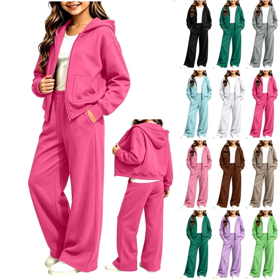 Bloomae Girls Hoodie Sweatsuit 2 Piece Full Zip Up Long Sleeve Hooded Sweatshirts and Elastic High Waist Wide Leg Jogger Sweatpants Trendy Cozy Athletic Tracksuit Sets