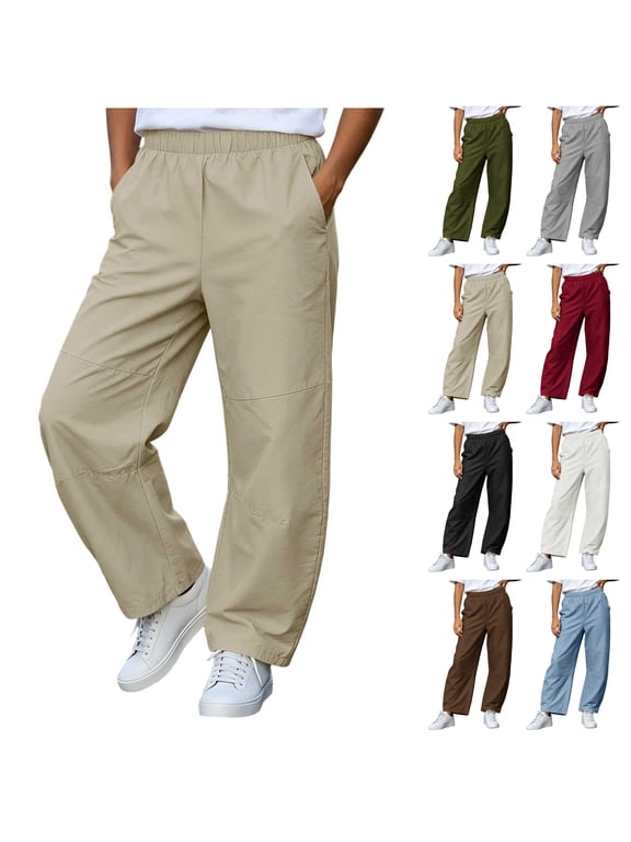 Girls Wide Leg Barrel Pants Lightweight Fall Casual Elastic High Waisted Harem Pants Trendy Pull On Baggy Back to School Uniform Trousers with Pockets