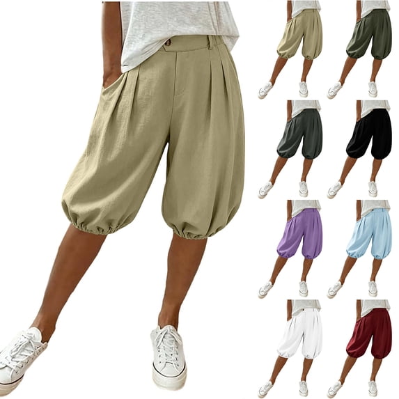 Bloomae Harem Barrel Shorts for Women Lightweight Casual Elastic High Waisted Baggy Lounge Short Pants Trendy Beach Vacation Knee Length Shorts with Pockets