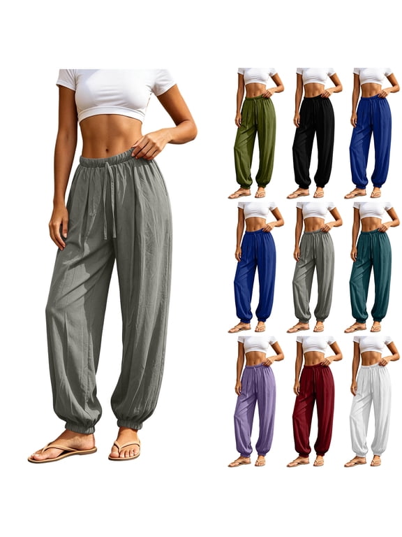 Harem Pants for Women Cotton Linen Yoga Boho Palazzo Pants with Pockets Lightweight Drawstring Elastic High Waisted Loose Comfy Trousers