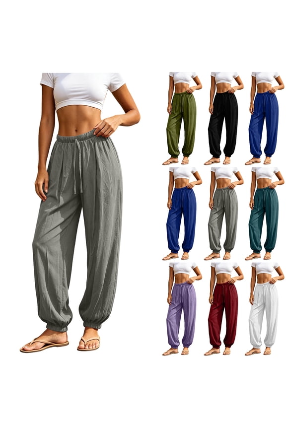 Harem Pants for Women Cotton Linen Yoga Boho Palazzo Pants with Pockets Lightweight Drawstring Elastic High Waisted Loose Comfy Trousers