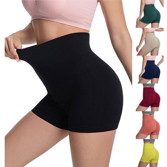 Bloomae High Waisted Biker Shorts Women - Tummy Control Basic Slim Fit Athletic Workout Booty Short Pants Seamless Running Yoga Gym Dance Shorts Yellow L