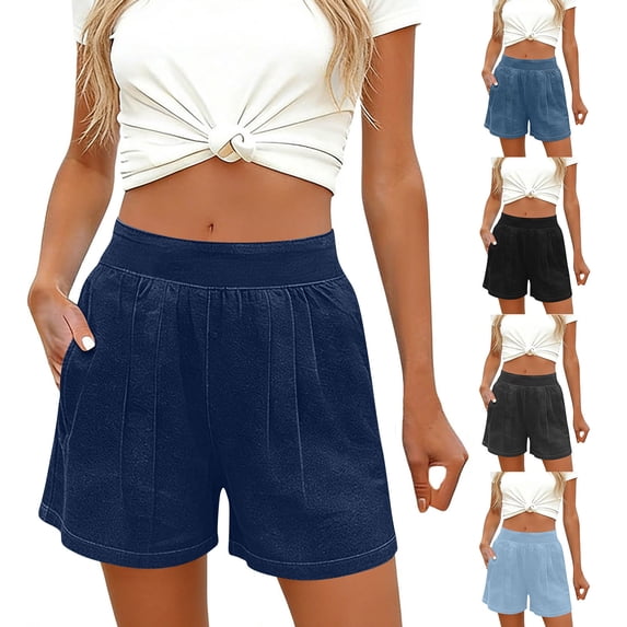 Bloomae Imitation Denim Shorts for Women Stretch Elastic High Waist Pleated Jean Shorts Loose Wide Leg Business Work Short Pants with Pockets
