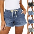 thumbnail image 1 of Bloomae Jean Shorts for Women High Waisted Drawstring Pull On Elastic Waist Stretchy Denim Short Pants Loose Wide Leg Jorts with Pockets Black M, 1 of 8