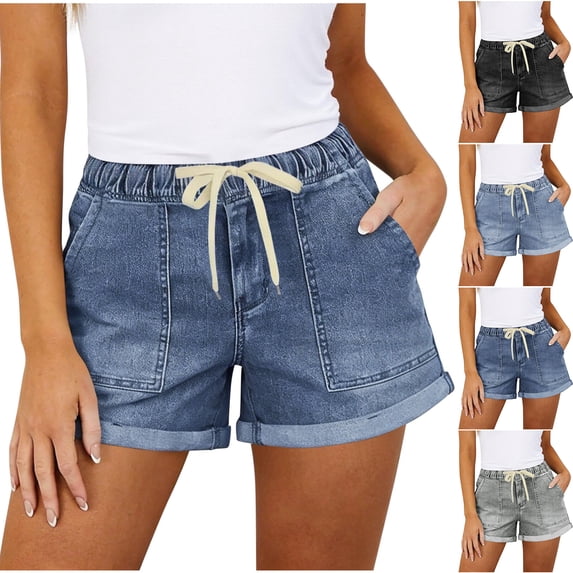 Bloomae Jean Shorts for Women High Waisted Drawstring Pull On Elastic Waist Stretchy Denim Short Pants Loose Wide Leg Jorts with Pockets Blue XXL