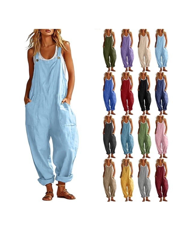 Jumpsuits for Women Dressy Cotton Linen Overalls Adjustable Strap Roll Hem Bib Overalls Pants Loose Comfy Baggy Summer Sleeveless Romper with Pockets