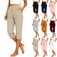 thumbnail image 1 of Bloomae Lightweight Capri Pants for Women Button Decor Elastic High Waisted Straight Leg Stretch Trousers Trendy Casual Work Golf Capris with Pockets, 1 of 7