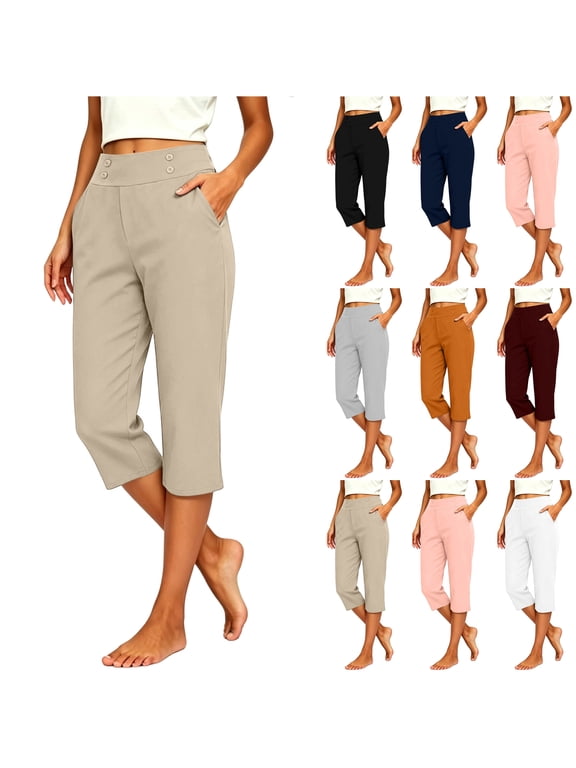Lightweight Capri Pants for Women Button Decor Elastic High Waisted Straight Leg Stretch Trousers Trendy Casual Work Golf Capris with Pockets