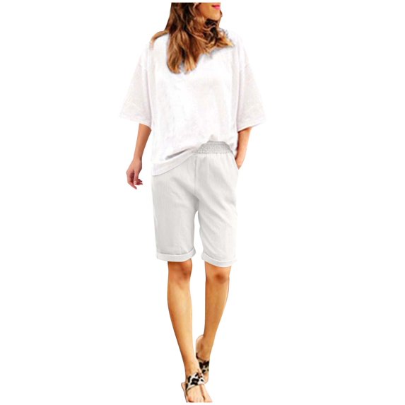 Bloomae Lightweight Womens Shorts Casual Soft Cotton and Linen Baggy Trendy Short Pants Elastic Waist Drawstring Comfy Beach Vacation Shorts with Pockets White M