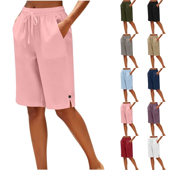 Bloomae Linen Bermuda Shorts for Women Lightweight Casual Button Side Slit Hem Long Shorts Above Knee Length Drawstring High Waisted Comfy Summer Shorts with Pockets