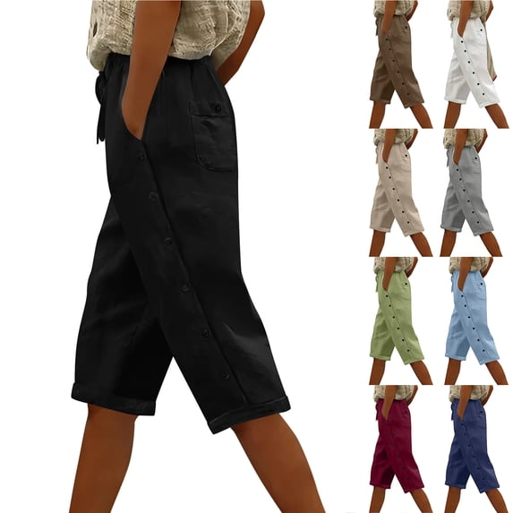 Bloomae Linen Capri Pants Women 2026 Spring Summer Casual Drawstring Side Button Decor Elastic Waist Straight Wide Leg Cropped Pant with Pockets Coffee XL