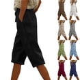 thumbnail image 1 of Bloomae Linen Capri Pants Women 2026 Spring Summer Casual Drawstring Side Button Decor Elastic Waist Straight Wide Leg Cropped Pant with Pockets Khaki M, 1 of 9