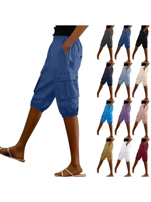 Linen Cargo Capris for Women Knee Length Capri Pantswith Multi-Pockets Lightweight Casual Elastic Waisted Summer Work Outdoor Hiking Short Pants White XXL