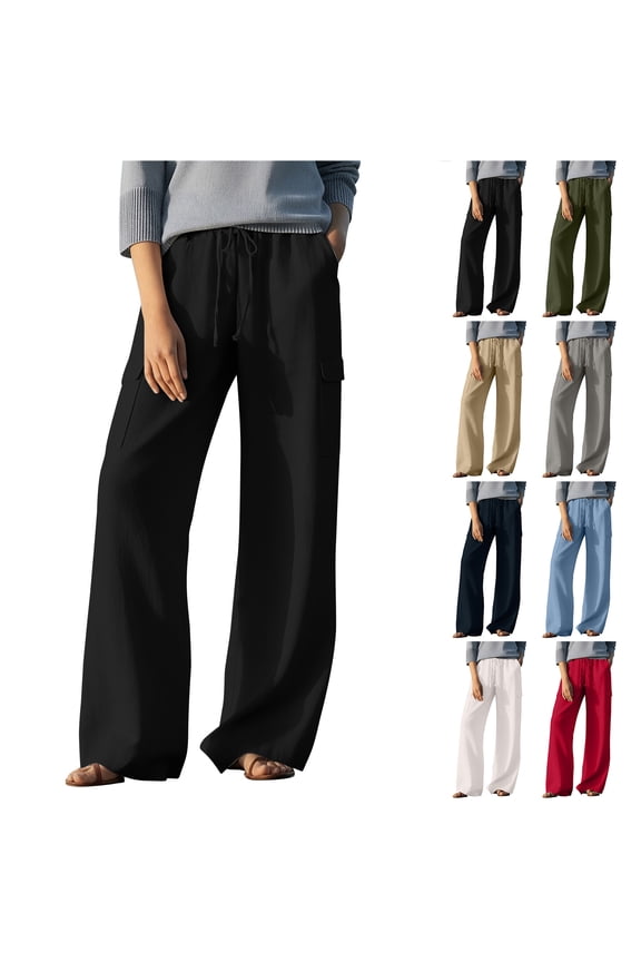 Linen Cargo Pants Women Wide Leg Palazzo Trousers Beach Vacation Flowy Drawstring Elastic Waist Petite Dressy Casual Loose Fit Lounge Pants with Pockets Khaki S