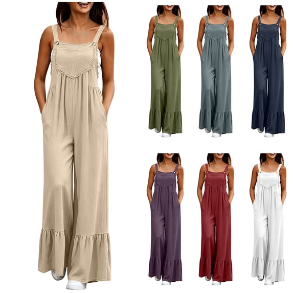 Bloomae Linen Overalls for Women Loose Wide Leg Ruffled Hem Jumpsuits Dressy Casual Lace Trim One Piece Boho Outfits Baggy Jumpers Comfy Summer Rompers with Pockets