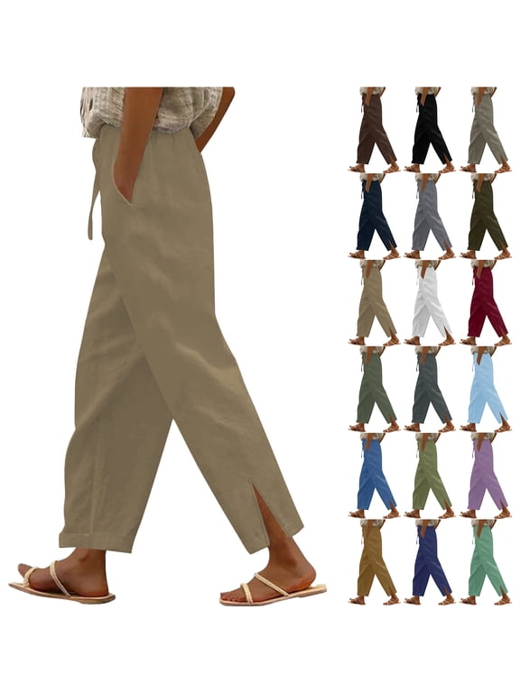 Linen Pants for Women High Waist Elastic Drawstring Comfy Lounge Trousers Trendy Casual Lightweight Side Split Summer Beach Pants with Pockets Red XL