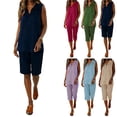 thumbnail image 1 of Bloomae Linen Sets For Women 2 Piece Sleeveless V Neck Collared Tshirt Tops & Lounge Capri Pants Sets Summer Beach Vacation Travel Outfits Purple S, 1 of 10