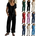 thumbnail image 1 of Bloomae Linen Sets for Women Two Pieces Summer Vacation Beach Outfits Short Sleeve Crewneck Basic T Shirts and Button Elastic Waist Wide Leg Pants Loose Comfy Lounge Matching Sets Beige M, 1 of 10