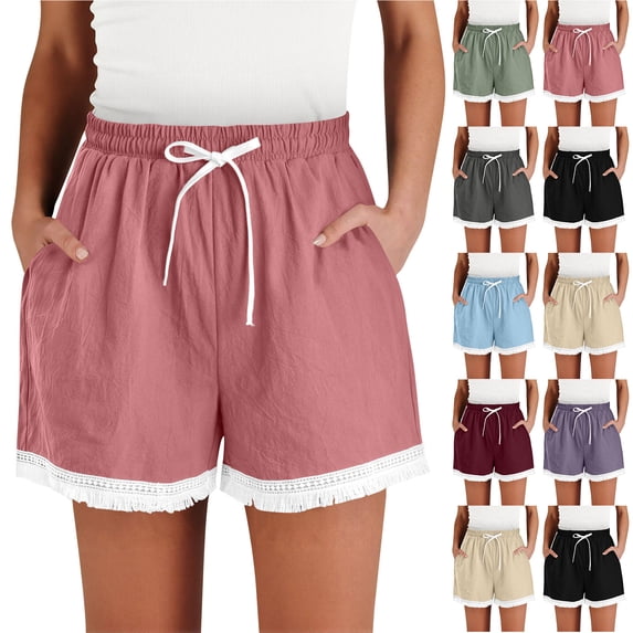 Bloomae Linen Shorts for Women Lightweight Casual Lace Trim Hollow out Beach Vacation Short Pants Loose Comfy Drawstring Elastic Waist Wide Leg Lounge Shorts with Pockets Army Green XXXL