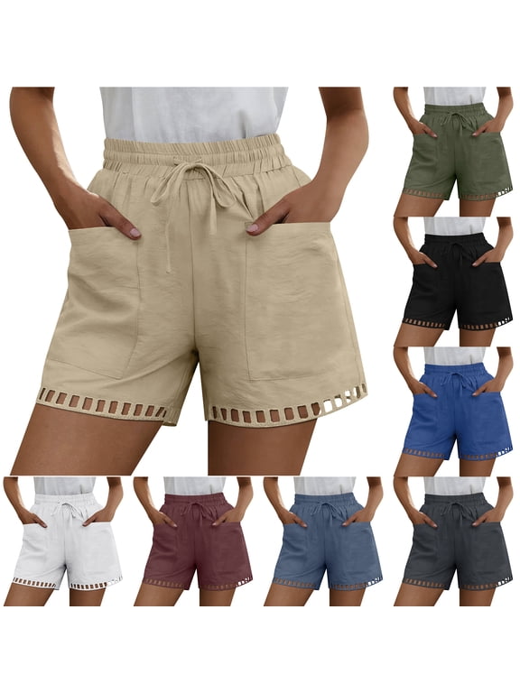 Linen Shorts for Women Drawstring Summer Lace Trim Hem Comfy Casual Cotton Shorts Lightweight Beach Vacation Baggy Short Pants with Pockets