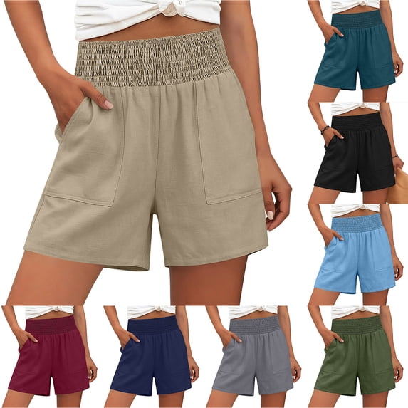 Bloomae Linen Shorts for Women Loose Fit Casual Summer Smoked High Waisted Wide Leg Lounge Beach Vacation Short Pants with Pockets Green XL