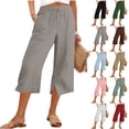 thumbnail image 1 of Bloomae Linen Wide Leg Capri Pants for Women Summer Drawstring Elastic High Waisted Lounge Palazzo Cropped Trousers Split Under Knee Length Flowy Comfy Beach Capris with Pockets Gray XL, 1 of 9