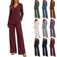 thumbnail image 1 of Bloomae Lounge Sets for Women 2 Piece Ribbed Knit Sweater Outfits | Airport, Vacation, Travel, Front Ruched Pleated V Neck, Loose Wide Leg Comfy Baggy Pants, Fall Fashion,Lightweight Cozy Pajamas Set, 1 of 9