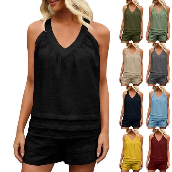 Bloomae Lounge Sets for Women 2 Piece Summer Ruched V Neck Sleeveless Pajamas Tank Top Shorts Set Loose Comfy Pleated Loungewear Cute Beach Vacation Outfits Black XXL