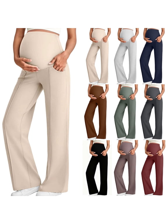 Maternity Pants Over The Belly Yoga Dress Work Pregnancy Pants Elastic High Waist Stretchy Lounge Wide Leg Leisure Trousers with Pockets Black L