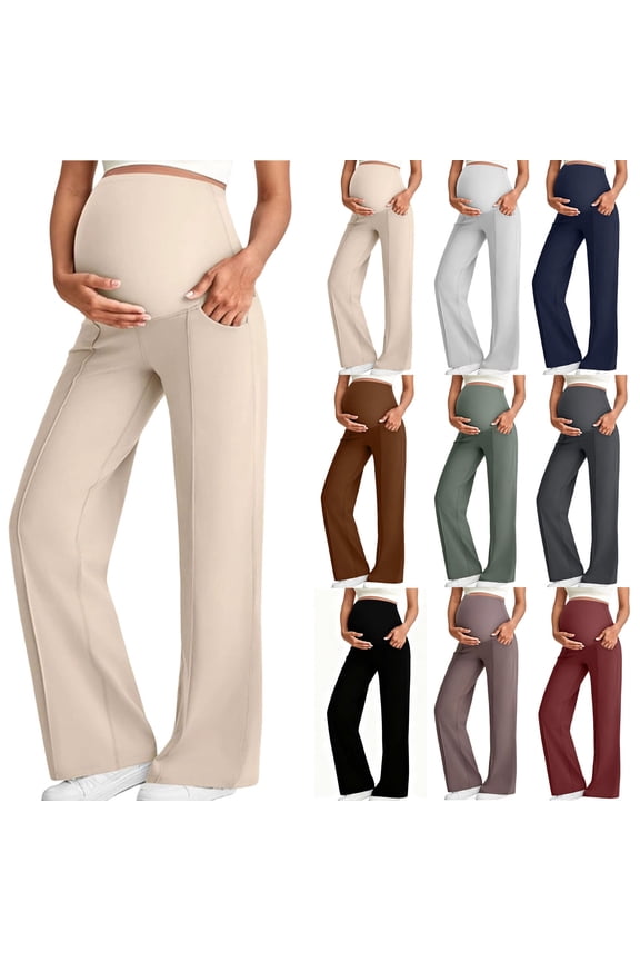Maternity Pants Over The Belly Yoga Dress Work Pregnancy Pants Elastic High Waist Stretchy Lounge Wide Leg Leisure Trousers with Pockets Black S