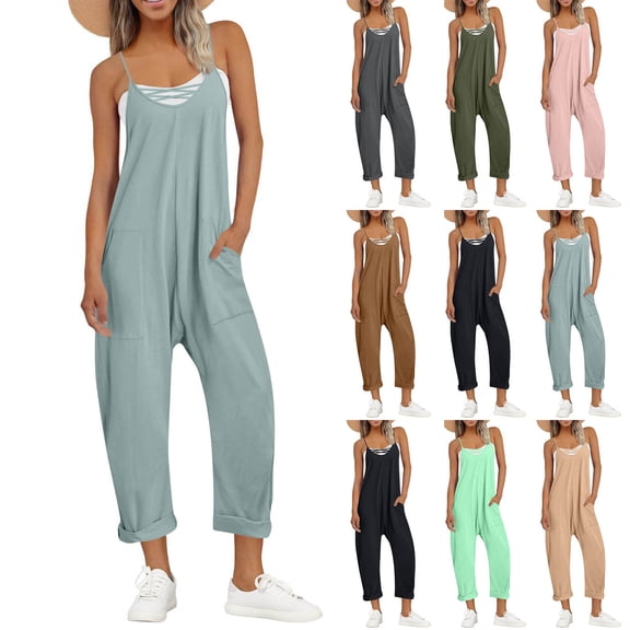 Bloomae One Piece Jumpsuits for Women Lightweight Casual Overalls Sleeveless Spaghetti Strap Rompers Travel Vacation Outfits Fall Spring Fashion Clothes with Pockets Gray M
