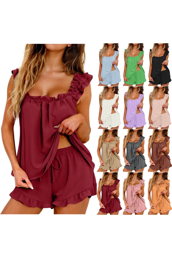 Pajama for Women Set 2 Piece Ruffle Pjs Soft Sleeveless Tank Top and Drawstring Elastic Waist Shorts Lounge Sleepwear Set Bridal Pajama Set Trendy Beach Vacation Cover Up Clothes Light Blue M