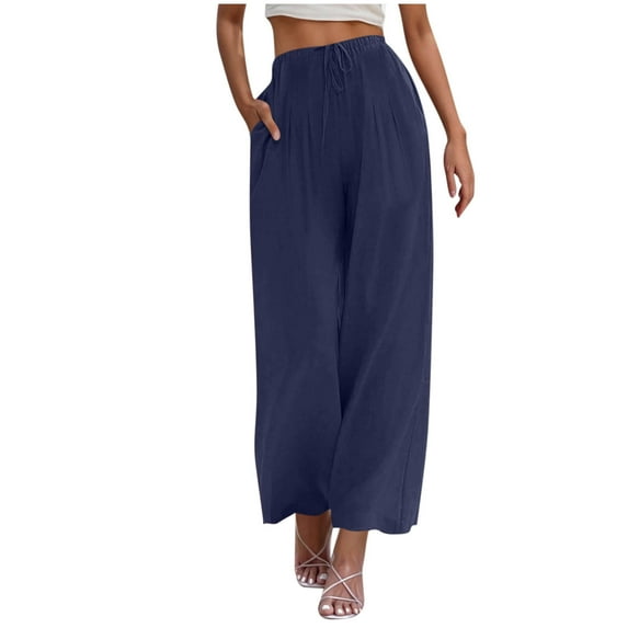 Bloomae Palazzo Pants for Women High Waisted Straight Wide Leg Linen Trousers Loose Comfy Drawstring Elastic Pants with Pockets Summer Outfits Clothes 2025 Dark Blue M