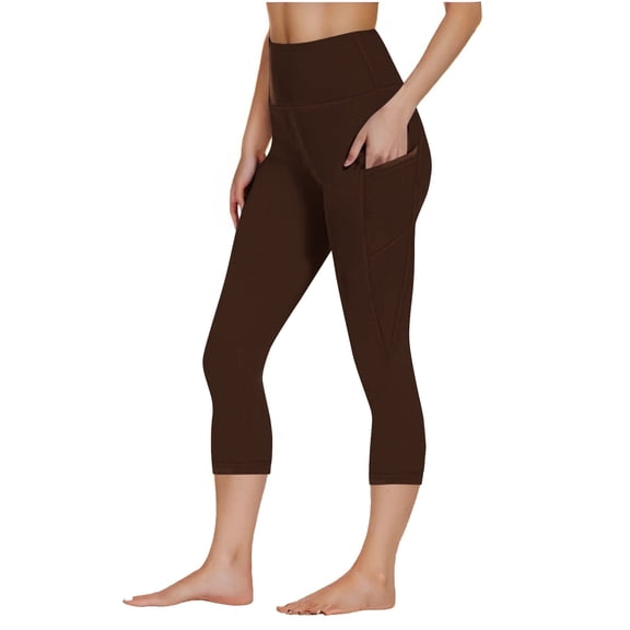 Bloomae Plus Size Capri Leggings for Women Butt Lift with Pockets High Waisted Tummy Control Soft Yoga Capris No See Through Workout Running Leggings Brown S
