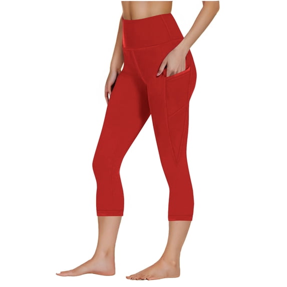 Bloomae Plus Size Capri Leggings for Women Butt Lift with Pockets High Waisted Tummy Control Soft Yoga Capris No See Through Workout Running Leggings Red M